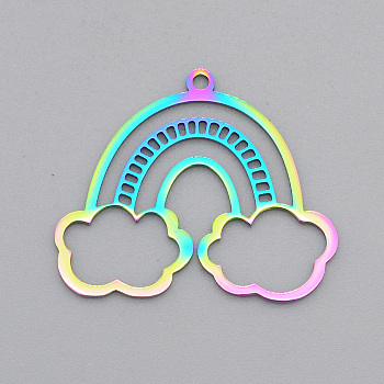 Ion Plating(IP) 201 Stainless Steel Pendants, Laser Cut, Rainbow with Cloud, Rainbow Color, 24.5x30x1mm, Hole: 1.6mm
