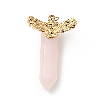 Eagle Natural Rose Quartz Pointed Pendants, with Ion Plating(IP) Platinum & Golden Tone 304 Stainless Steel Findings, Faceted Bullet Charm, 39.5mm, Eagle: 25.5x12.5x1.6mm, Bullet: 33.5x8x8.5mm, Hole: 3.4mm