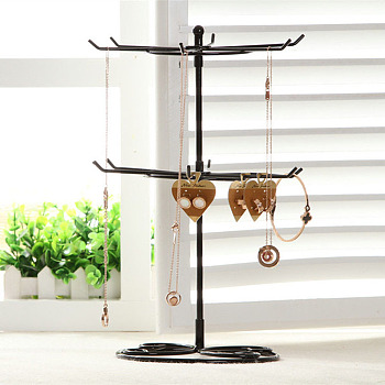 2-Tier Rotatable Iron Necklace Display Rack, Jewelry Organizer Holder for Necklaces Storage, Electrophoresis Black, 21.2x42cm