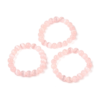 Round Natural Selenite Beaded Stretch Bracelets, Dyed Jewelry for Women, Pink, Inner Diameter: 2-1/4 inch(5.6cm)