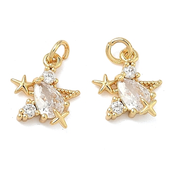 Brass Micro Pave Cubic Zirconia Pendants, Star Charms, Lead Free & Cadmium Free, Rack Plating, Long-Lasting Plated, Real 18K Gold Plated, 12x10.5x3mm, Jump Ring: 4x0.8mm, Inner Diameter: 2.5mm