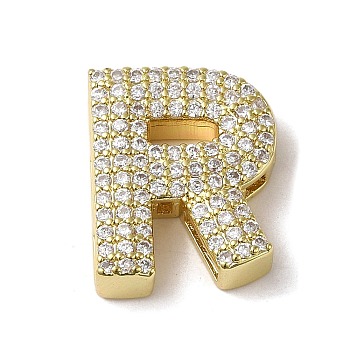 Brass Beads, with Clear Cubic Zirconia, Letter R, 20x16.5x5.5mm, Hole: 4.5x2.5mm