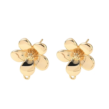 Brass Stud Earring Findings, Flower, Nickel Free, with Loop, Real 18K Gold Plated, 17.5x15.5mm, Hole: 1.2mm, Pin: 0.7x11.5mm