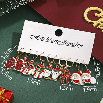 5 Pairs Christmas Theme Alloy Enamel Hoop Earrings, with Rhinestone, Golden, Mixed Shapes, 37x14mm & 16mm & 13mm & 34x19mm