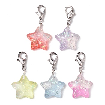 Resin Pendant Decorations, with Zinc Alloy Lobster Claw Clasps, Star, Mixed Color, 42mm