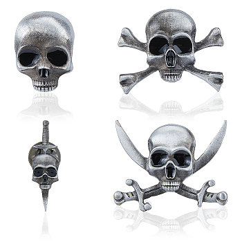 4Pcs 4 Styles Skull Alloy Brooches, Antique Silver, 25~31x9.5~32.5mm