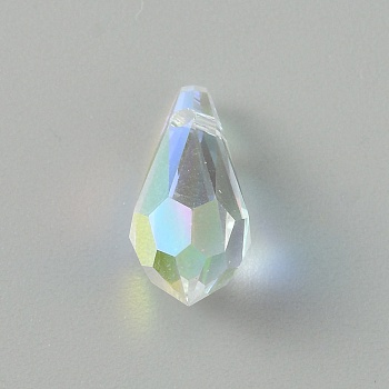 Glass Charms, AB Color, Faceted, Teardrop, Clear AB, 13.5x6.5mm, Hole: 1.2mm