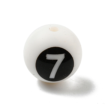 Round with Black Number 7 Silicone Beads, Chewing Beads For Teethers, DIY Nursing Necklaces Making, White, 14.5~15x14.5mm, Hole: 2mm