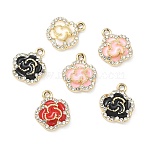 Alloy Enamel Pendants, Flower Charms, UV Plating, with Rhinestone, Golden, 17x14.5x4.8mm, Hole: 1.8mm(ALRI-D303-12G)