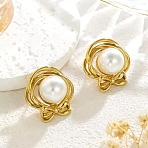 304 Stainless Steel Stud Earrings, with Plastic Imitation Pearl, Bowknot, Golden, 23x23mm(EJEW-L317-02G-02)