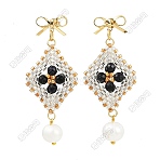 Handmade Glass Seed Beads Bowkont with Rhombus Dangle Stud Earrings, with Glass Imitation Pearl, Golden, White, 55.5x23.5mm(EJEW-FS00083)