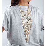 Resin Disc Long Tassel Cotton Rope Bib Necklaces with Alloy End Chains for Women, Platinum, Floral White, 17.72~19.29 inch(45~49cm)(FS-WG31146-01)