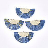 Raffia Tassel Pendants, with Metallic Cords & Brass Findings, Fan Shaped, Golden, Steel Blue, 27x45x3mm, Hole: 1x3mm(FIND-T026-29)