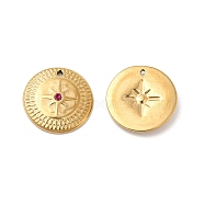 Vacuum Plating 201 Stainless Steel with Rhinestone Charms, Real 18K Gold Plated, Flat Round with Star Pattern, Fuchsia, 14x2mm, Hole: 0.8mm(STAS-J401-VC929)