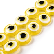 Resin Imitation Lampwork Beads Strands, Flat Round with Evil Eye, Yellow, 20x9mm, Hole: 1.4mm, about 20pcs/strand, 15.94 inch(40.5cm)(RESI-F032-01E)