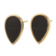 Brass Stud Earring Findings, with Enamel and Loop, Teardrop, Nickel Free, Real 18K Gold Plated, Black, 12x8mm, Hole: 1.2mm, Pin: 0.7mm(KK-S345-268A-G)