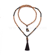 Wood & Tiger Eye Beads Wrap Necklaces, Polyester Tassel Pendant Necklaces for Women, Coconut Brown, 42.60 inch(108.2cm)(NJEW-JN04135)