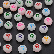 Acrylic Beads, Glow in the Dark, with Enamel and Luminous, Horizontal Hole, Flat Round with Alphabet, Letter.R, 6.5x7x4mm, Hole: 1.6mm, about 3600pcs/500g(MACR-N008-58R)