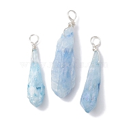 Electroplated Natural Quartz Crystal Dyed Pendants, Teardrop Charms with Silver Color Plated Copper Wire Loops, Sky Blue, 30~38x9.5~15x7~11mm, Hole: 4mm(PALLOY-JF02324-05)