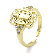 Brass with Cubic Zirconia Open Cuff Ring, Virgin Mary, Real 18K Gold Plated, US Size 7 1/4(17.5mm)(RJEW-B051-55G)