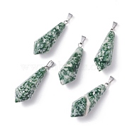 Natural Qinghai Jade Pointed Pendants, with Platinum Plated Brass Loops, Bullet, 35.3~38x13~14mm, Hole: 6.5x2.8mm(G-I314-02P-01)