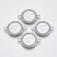 Alloy Enamel Links Connectors, with Crystal Rhinestones, Flat Round with Letter, Silver Color Plated, Letter.T, 22x16x2mm, Hole: 1.8mm(ENAM-TAC0003-01S-04T)