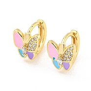 Butterfly Real 18K Gold Plated Brass Hoop Earrings, with Enamel and Clear Cubic Zirconia, Colorful, 10.5x9mm(EJEW-L269-083G-02)