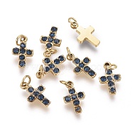 316 Surgical Stainless Steel Tiny Cross Charms, with Rhinestone and Jump Rings, Golden, Sapphire, 8.5x5x1.5mm, Hole: 1.6mm(X-STAS-F256-023B-G)