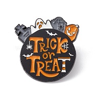 Word Trick or Treat Enamel Pin, Planet with Ghost Halloween Alloy Badge for Backpack Clothes, Electrophoresis Black, Dark Orange, 29.5x29x1.5mm, Pin: 1mm(JEWB-H008-20EB)