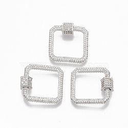 Brass Micro Pave Clear Cubic Zirconia Screw Carabiner Lock Charms, for Necklaces Making, Square, Platinum, 21x22.5x3mm, Screw: 6x6.5mm(ZIRC-T010-06P)