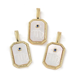 Rack Plating Brass Micro Pave Cubic Zirconia Pendants, with Shell, Long-Lasting Plated, Lead Free & Cadmium Free, Real 18K Gold Plated, Sheild with Twelve Constellations, Virgo, 20.5x10x2.5mm, Hole: 4.5x2mm(KK-U032-90G-03)