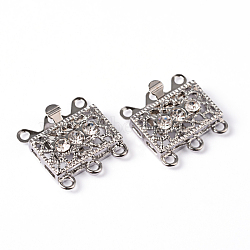 Platinum Plated Brass Rhinestone Clasps, Multi-strand Box Clasps, about 18mm wide, 17mm long, 7mm thick, hole: 1.5mm(X-KK116)