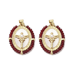 Brass Pave Shell Pendants, Oval Charms with Glass Beads Wrapped and ABS Imitation Pearl Beads, Real 18K Gold Plated, Dark Red, 31~32x23.5x4.5mm, Hole: 3.5x4.5mm(KK-I708-01D-G)