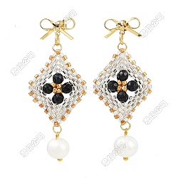Handmade Glass Seed Beads Bowkont with Rhombus Dangle Stud Earrings, with Glass Imitation Pearl, Golden, White, 55.5x23.5mm(EJEW-FS00083)