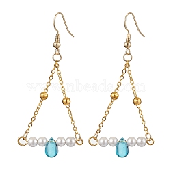 Triangle Iron Chain and Glass Dangle Earrings, Golden, Medium Turquoise, 65x29mm(EJEW-JE05963-03)