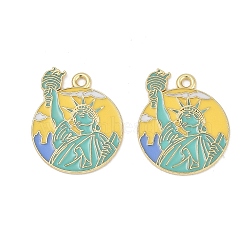 Alloy Enamel Pendants, Golden, Flat Round with Statue of Liberty Charm, Medium Turquoise, 26x23x1mm, Hole: 1.8mm(ENAM-V001-02B-G)