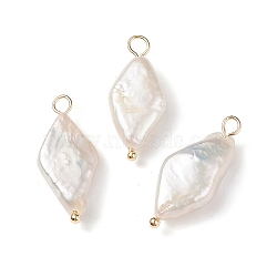 Natural Keshi Pearl Pendants, Rhombus Charm, Cultured Freshwater Pearl, with Real 18K Gold Plated Brass Loops, Creamy White, 22.5~24.5x10~10.5x5~5.5mm, Hole: 2~2.5mm(PALLOY-JF01932)