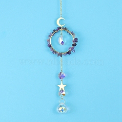 Glass & Brass Pendant Decorations, Suncatchers, Rainbow Makers, with Chips Amethyst, for Home Decoration, 400mm(HJEW-PW0002-08H)