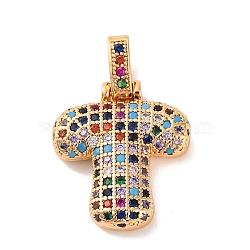 Brass Micro Pave Cubic Zirconia Pendants, Real 18K Gold Plated, Colorful, Letter T, 18.5~24x12.5~25.5x5~5.5mm, Hole: 5x3mm(KK-C076-29T-G02)