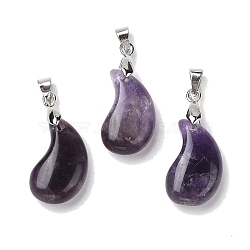 Natural Amethyst Pendants, Magatama Shaped Charms with Platinum Tone Brass Snap on Bails, Long-Lasting Plated, Lead Free & Cadmium Free, 21.6x11.3x7.1mm, Hole: 5x4mm(G-NH0025-14P-01)