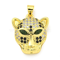 Brass Micro Pave Cubic Zirconia Pendants, Leopard Head Charms, Real 18K Gold Plated, 22.5x19x6.5mm, Hole: 4x3mm(KK-K354-13A-G)