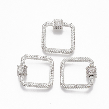 Brass Micro Pave Clear Cubic Zirconia Screw Carabiner Lock Charms, for Necklaces Making, Square, Platinum, 21x22.5x3mm, Screw: 6x6.5mm