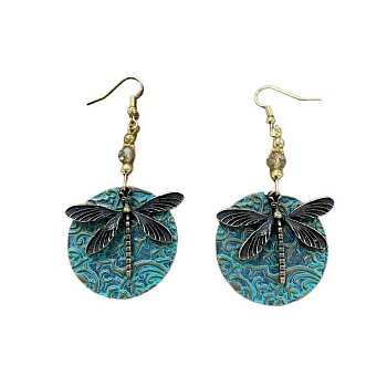Tibetan Style Alloy Dangle Earrings, Dragonfly, Antique Bronze & Green Patina, 33mm