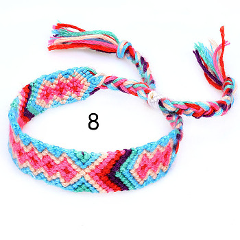 Cotton Braided Rhombus Pattern Cord Bracelet, Ethnic Tribal Adjustable Brazilian Bracelet for Women, Deep Pink, 5-7/8~14-1/8 inch(15~36cm)