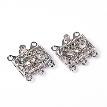 Platinum Plated Brass Rhinestone Clasps, Multi-strand Box Clasps, about 18mm wide, 17mm long, 7mm thick, hole: 1.5mm