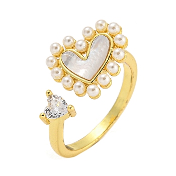 Heart Rack Plating Brass Micro Pave Clear Cubic Zirconia Cuff Rings, ABS Plastic Pearl & Natural Shell Rings for Women, Cadmium Free & Lead Free, Long-Lasting Plated, Real 18K Gold Plated, Inner Diameter: 17mm