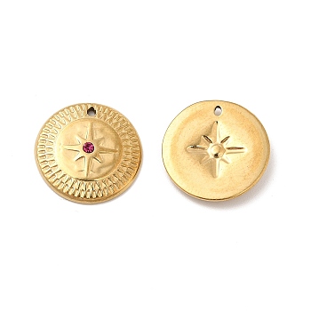 Vacuum Plating 201 Stainless Steel with Rhinestone Charms, Real 18K Gold Plated, Flat Round with Star Pattern, Fuchsia, 14x2mm, Hole: 0.8mm