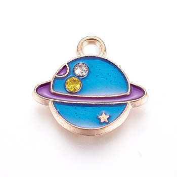 Zinc Alloy Pendants, with Enamel and Rhinestone, Planet, Universe Space Charms, Light Gold, Dodger Blue, 13x14x2mm, Hole: 1.2mm