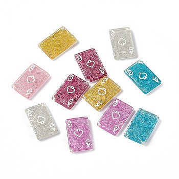 Transparent Resin Pendants, Playing Card Charms with Glitter Powder, Rectangle with Spade, Mixed Color, 27x17x4mm, Hole: 2mm