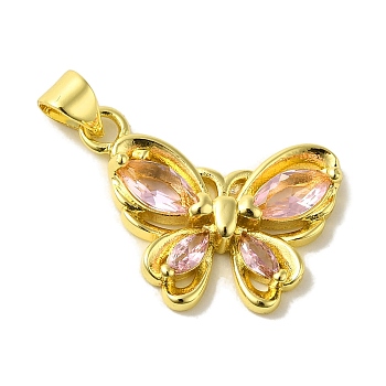 Brass with Glass Pendants, Real 18K Gold Plated, Butterfly, Misty Rose, 23x20x4mm, Hole: 5x3.5mm